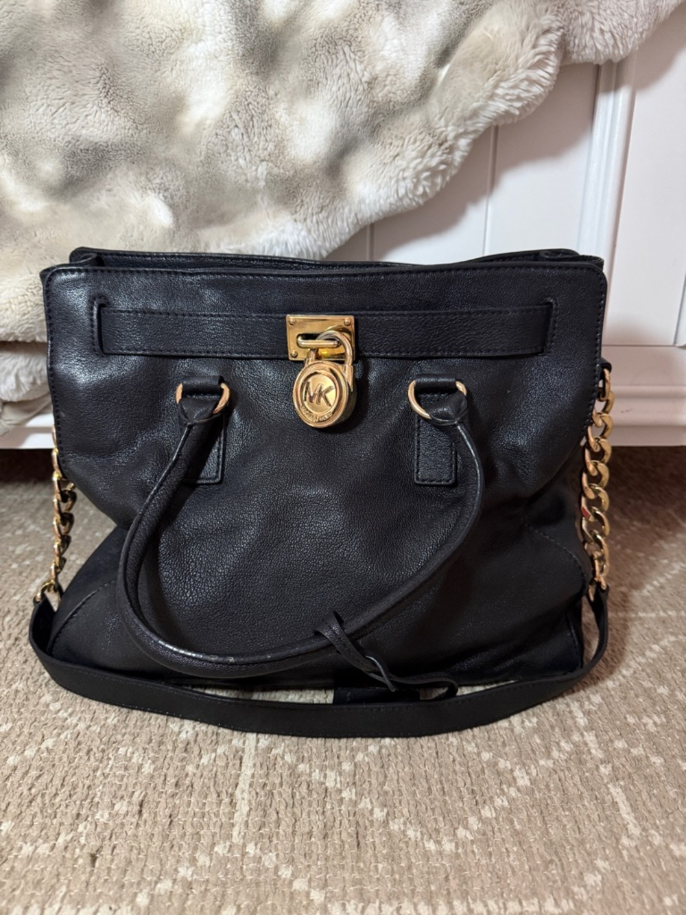 Michael Kors Black Leather Tote with Gold Chain Accents